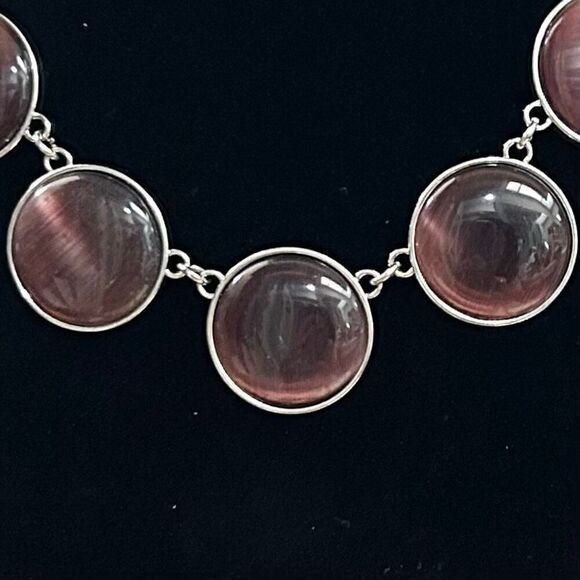Lovely Cat's Eye Stone Necklace Deep Purple Silver-tone Chain Adjustable - Picture 3 of 7